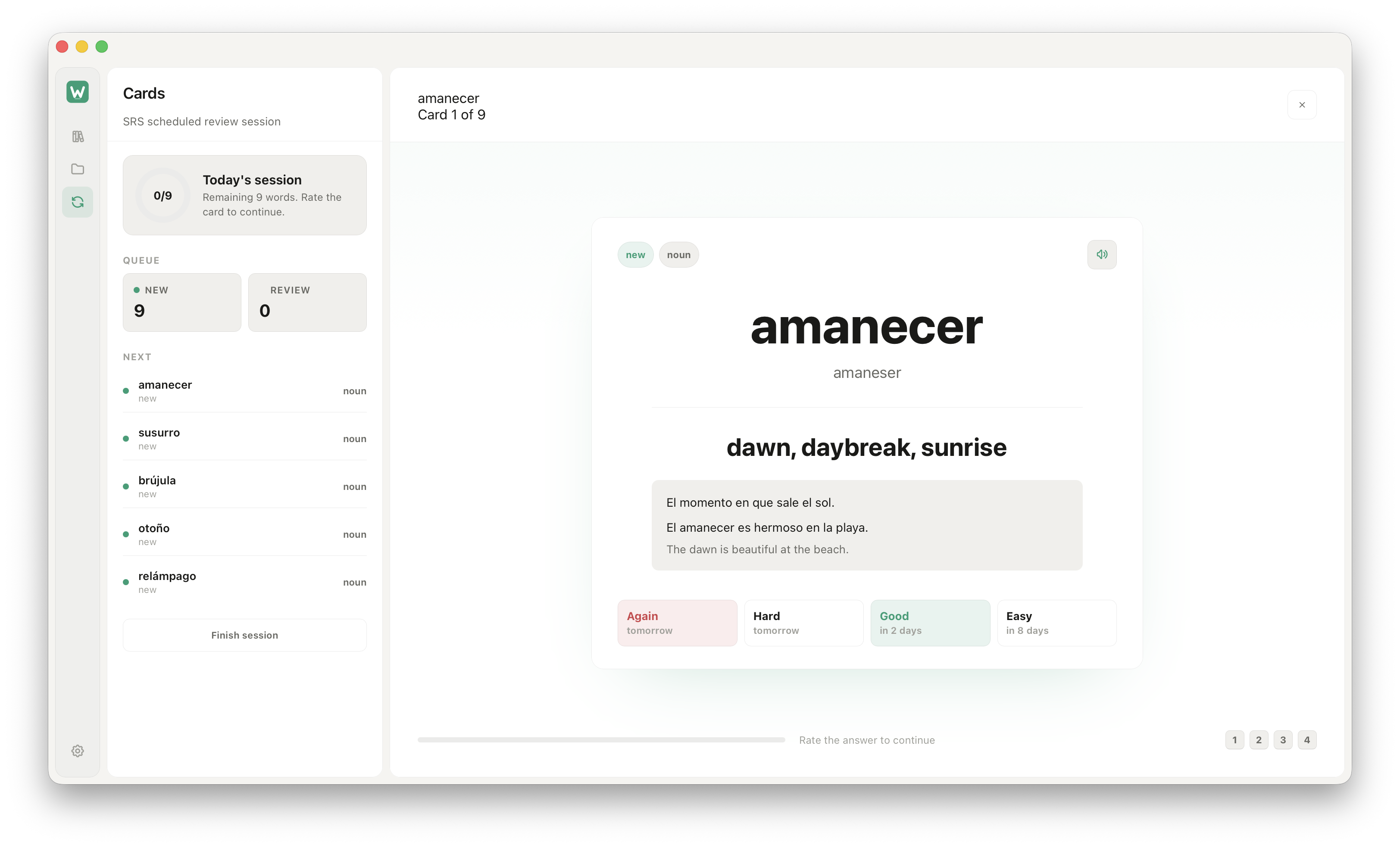 Spaced repetition review screen in WordBin